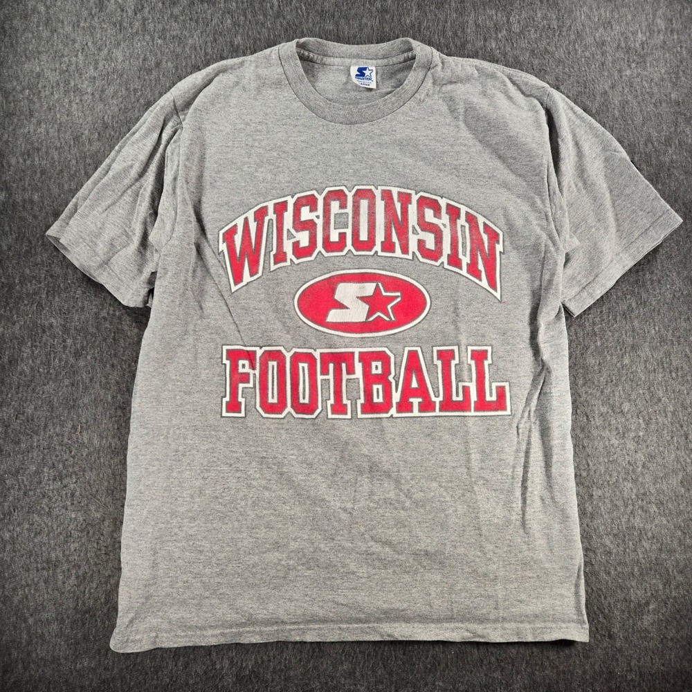 Vintage Starter Wisconsin Football T Shirt Mens Large Gray Short Sleeve USA Made